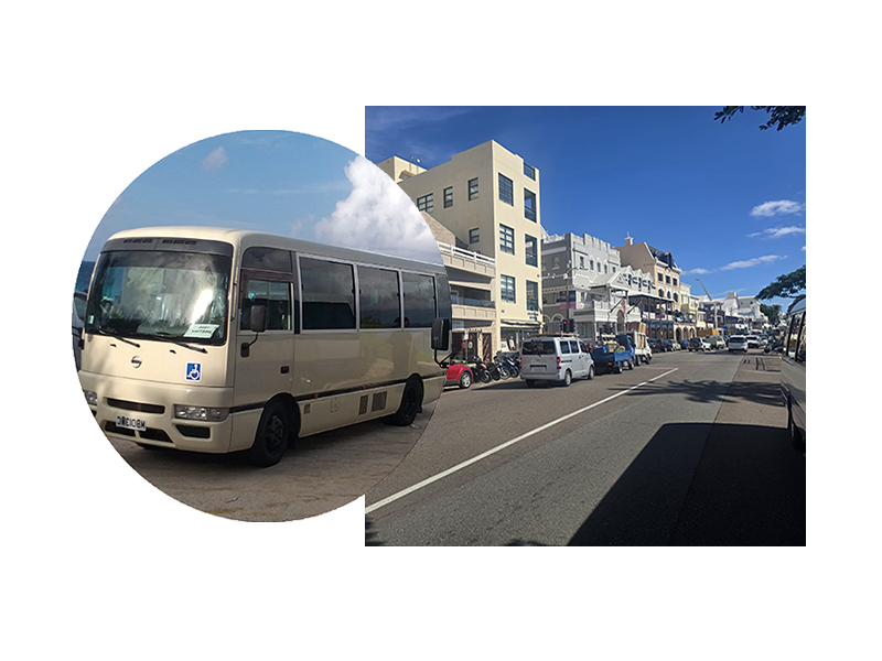 Photo of a minibus and Hamilton, Bermuda