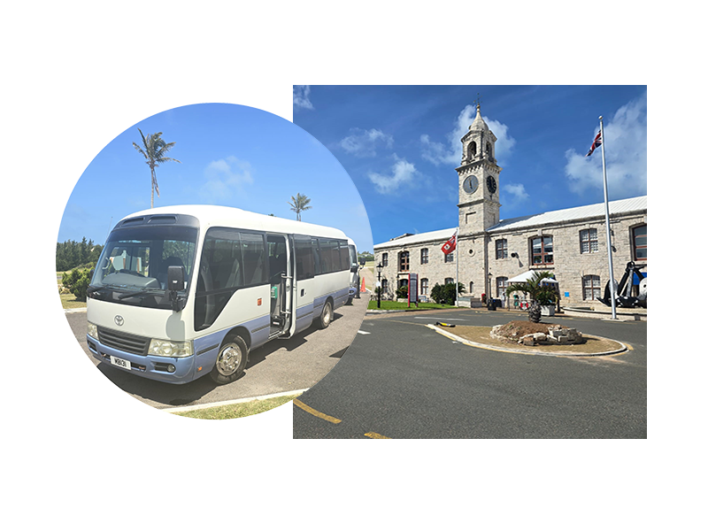 Photo of a minibus and the Clock Tower, Bermuda