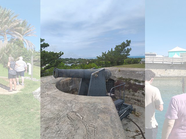 Photo of Fort Scaur and tour group at Somerset Bridge faded in the background