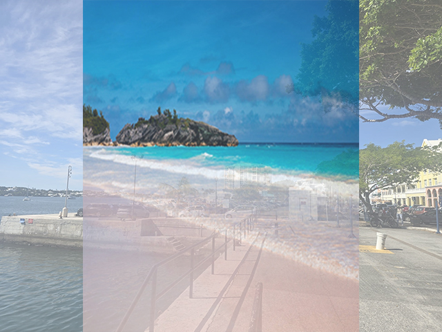 Photo of a beach with Hamilton, Bermuda faded in the background