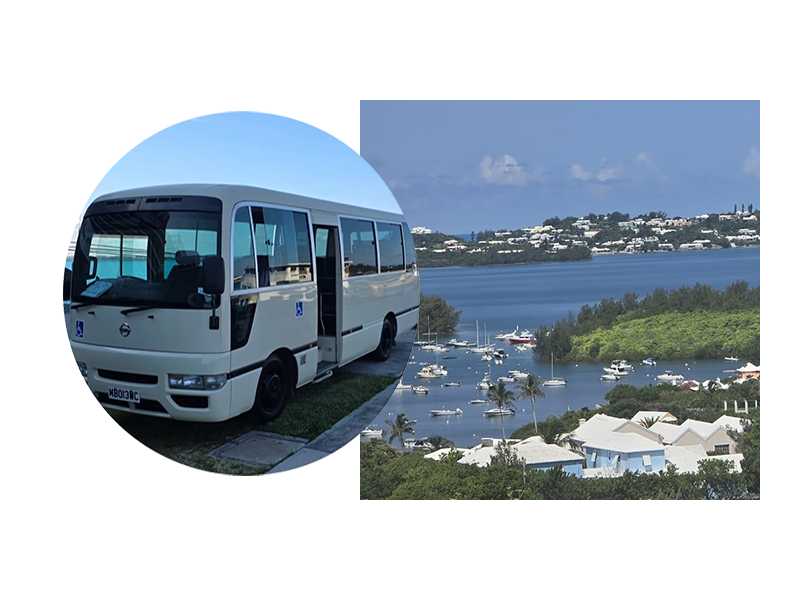 Photo of a minibus and the island of Bermuda