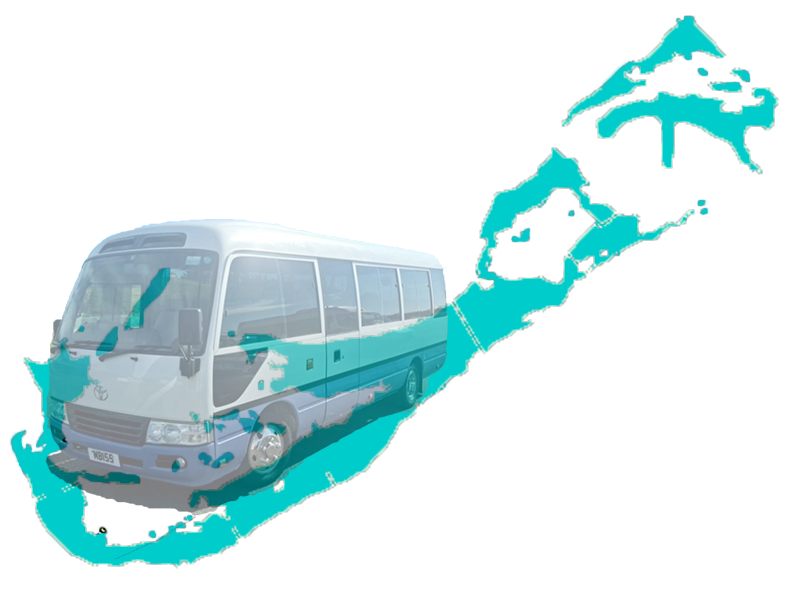 Photo of a minibus faded in the background of a map of Bermuda