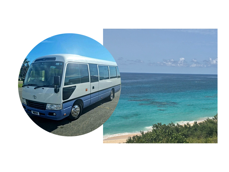 Photo of a minibus and the ocean